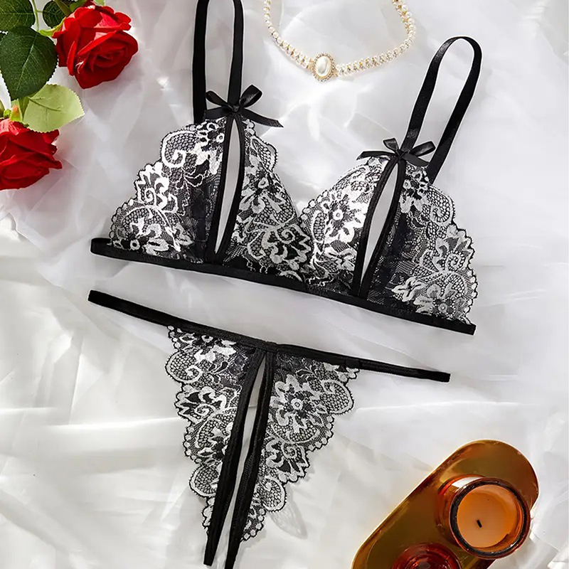 Black Hot Crotchless Sexy Wome - Lace Bralette Set 评论和价格