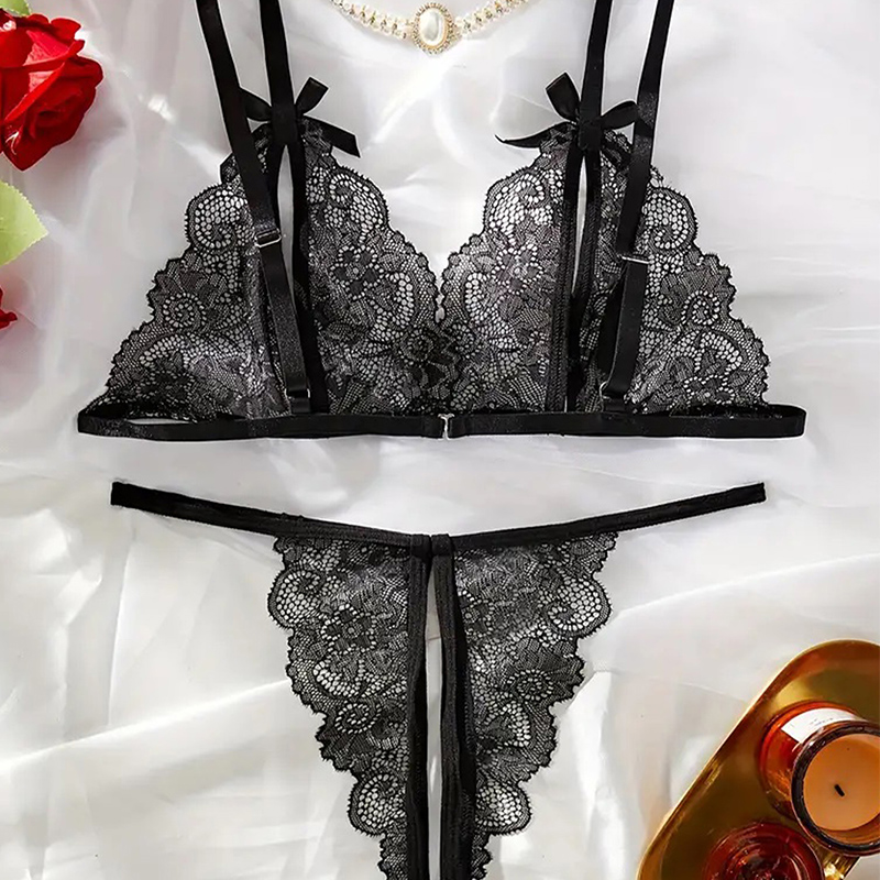 Black Hot Crotchless Sexy Wome - Lace Bralette Set 评论和价格
