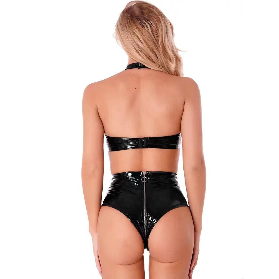 Sexy Black Shiny Pu Latex Leat - Minimizer Bra Women 评论和价格